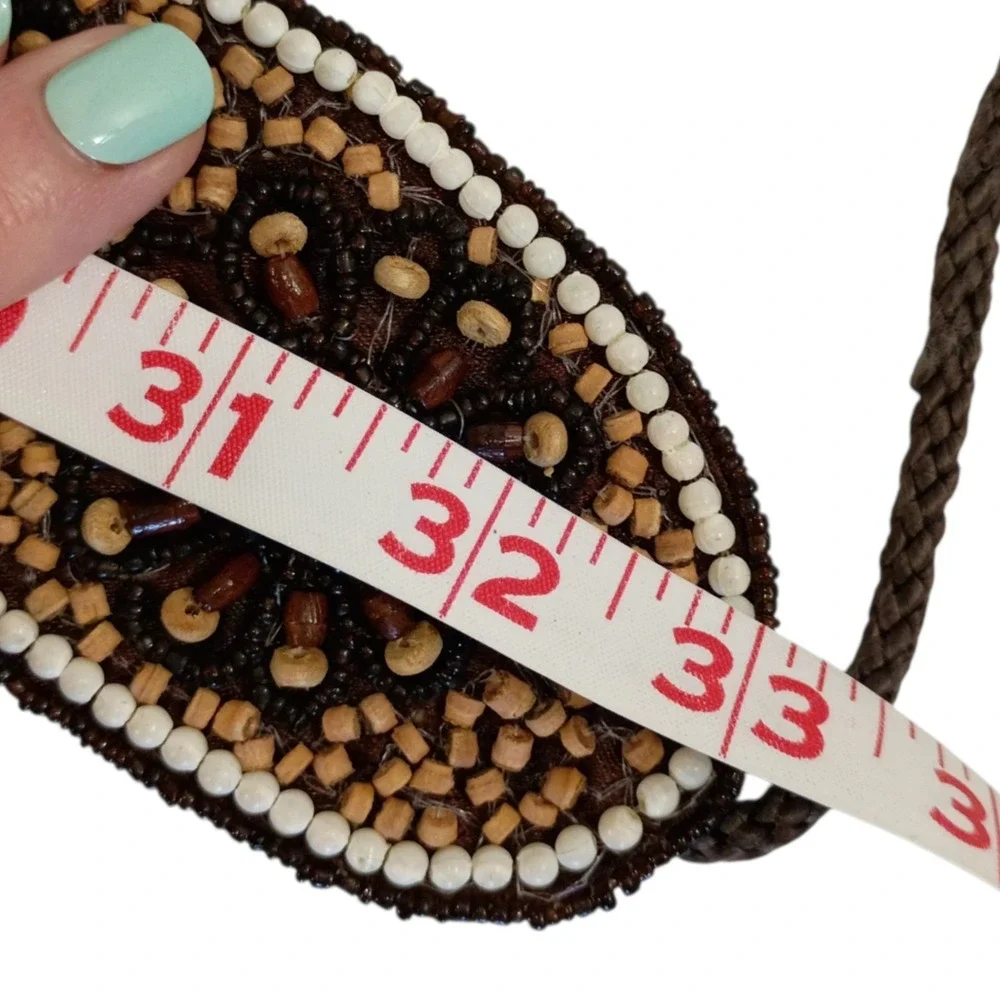 Womens Brown Beaded Floral Wide Waist Belt Boho Wood Seed Bead Tie Cinch 33 Inch